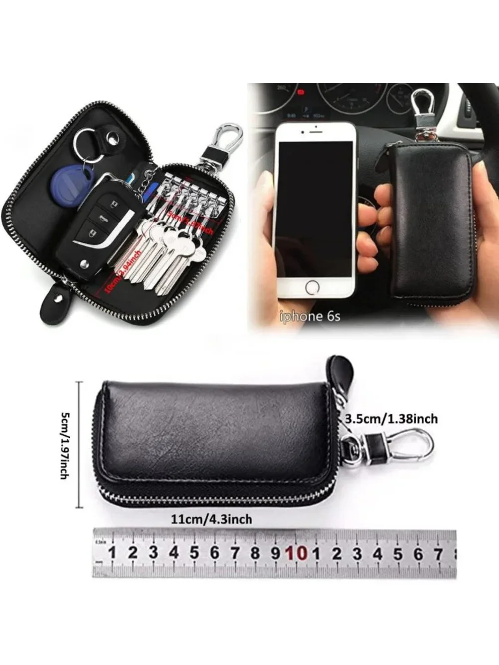 Premium Leather Unisex Key Holder Wallet with 6 Hooks & Zipper Closure